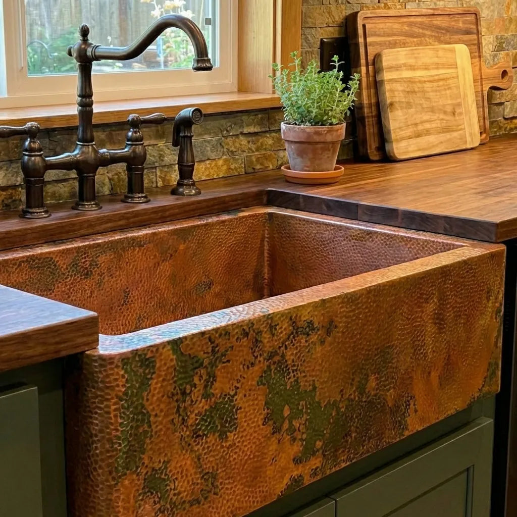 Copper Single Bowl Farmhouse Kitchen Sink With Drain Board