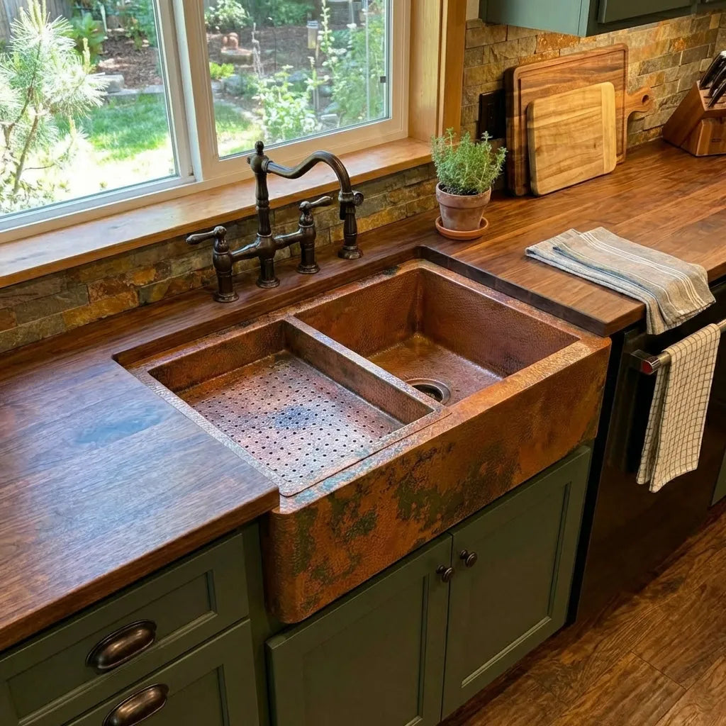 Copper Single Bowl Farmhouse Kitchen Sink With Drain Board
