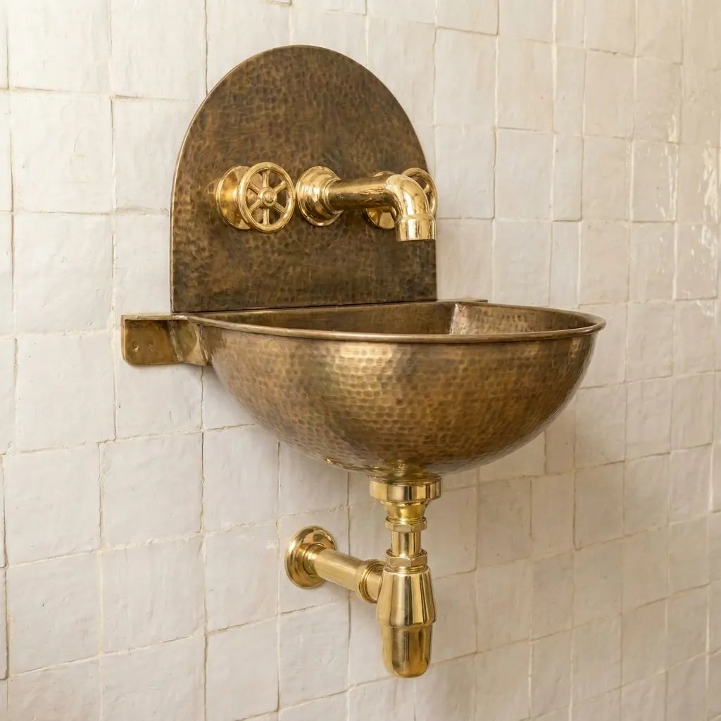 Rustic Brass Wall Hung Sink with Traditional Faucet Set