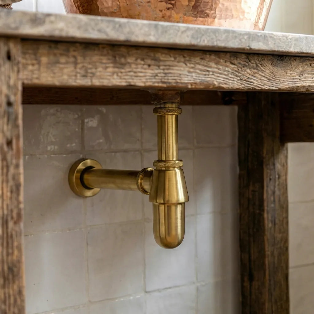 Unlacquered Solid Brass Bottle Trap – Vintage Exposed Sink Drain for Bathroom Vanity