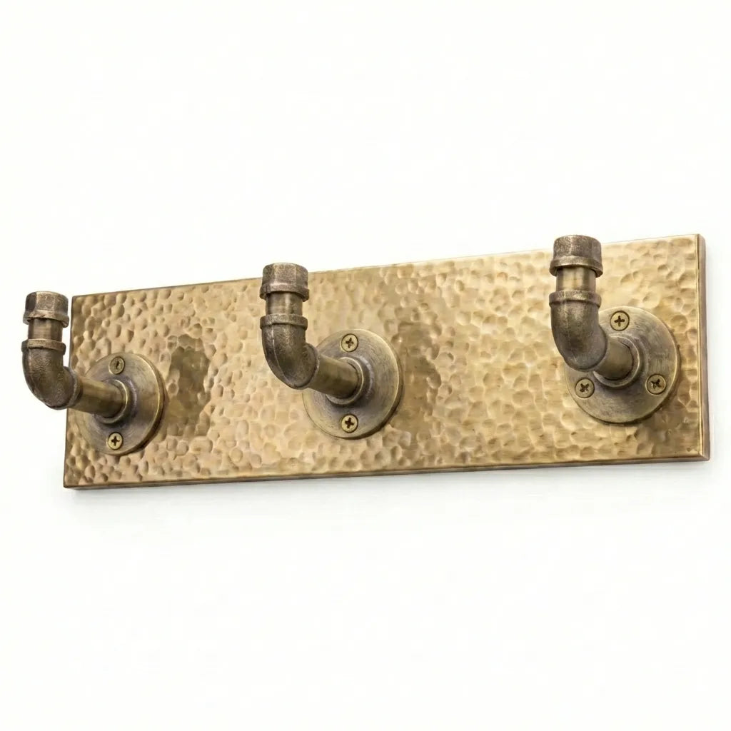 Antique Brass Pipe Coat & Towel Hooks on Hammered Backplate
