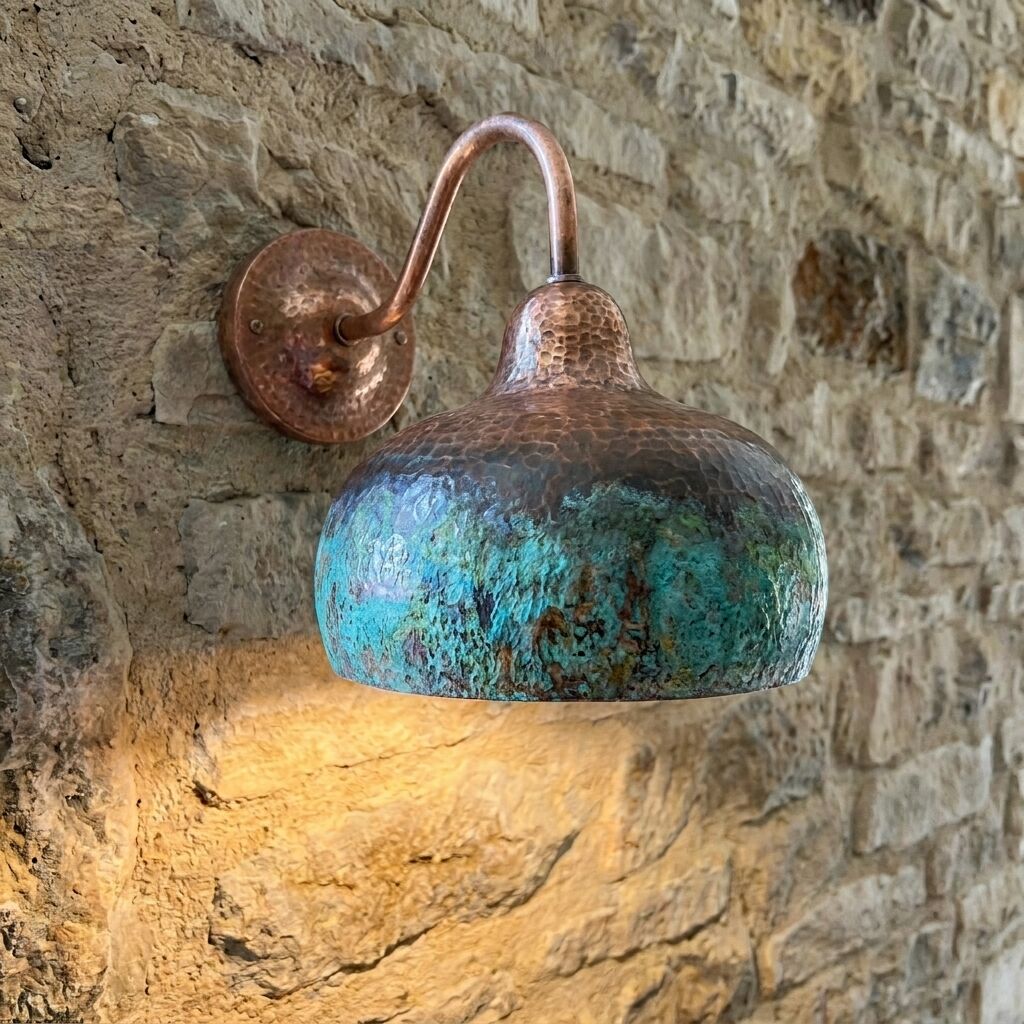 Set of 2 Hammered Oxidized Copper wall sconces – Green Patina Lamps (Copy)