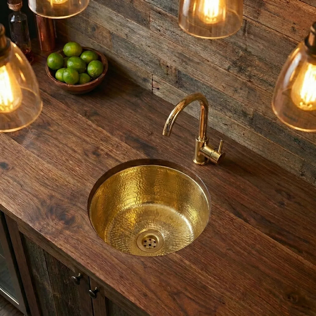 Hammered Unlacquered Brass Round Bar Sink, Round Solid Brass Sink including drain
