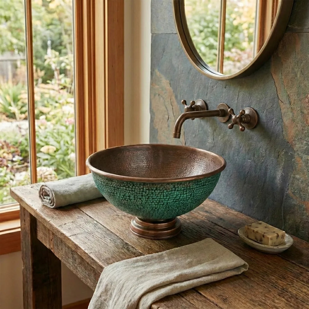 Handcrafted Hammered Copper Sink Vessel, Green Patina Round Countertop Basin