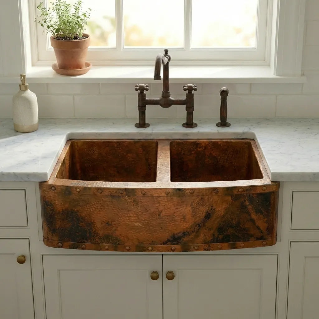 Rounded Copper Farmhouse Double Apron Kitchen Sink - Livra