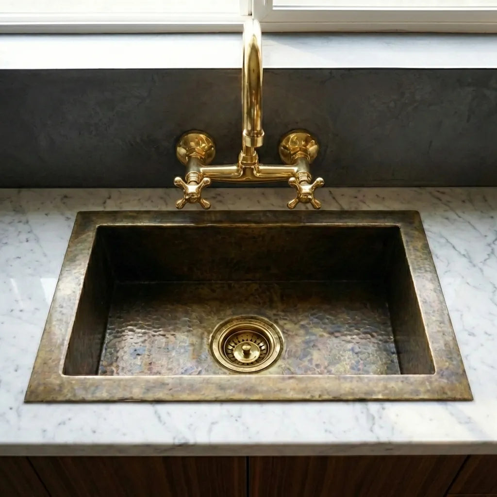 Antique Brass Undermount Single Kitchen Sink, Hammered Patina Brass Kitchen Sink
