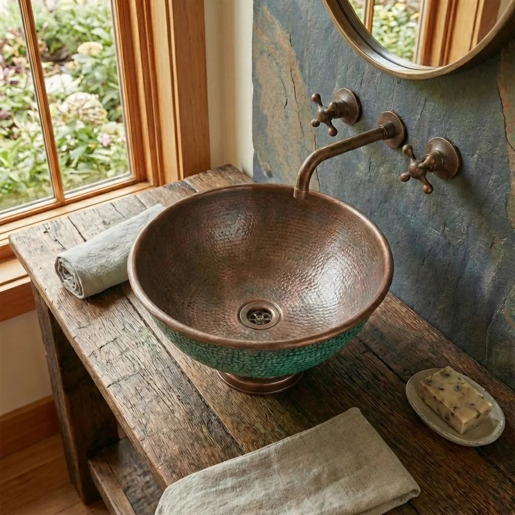 Handcrafted Hammered Copper Sink Vessel, Green Patina Round Countertop Basin