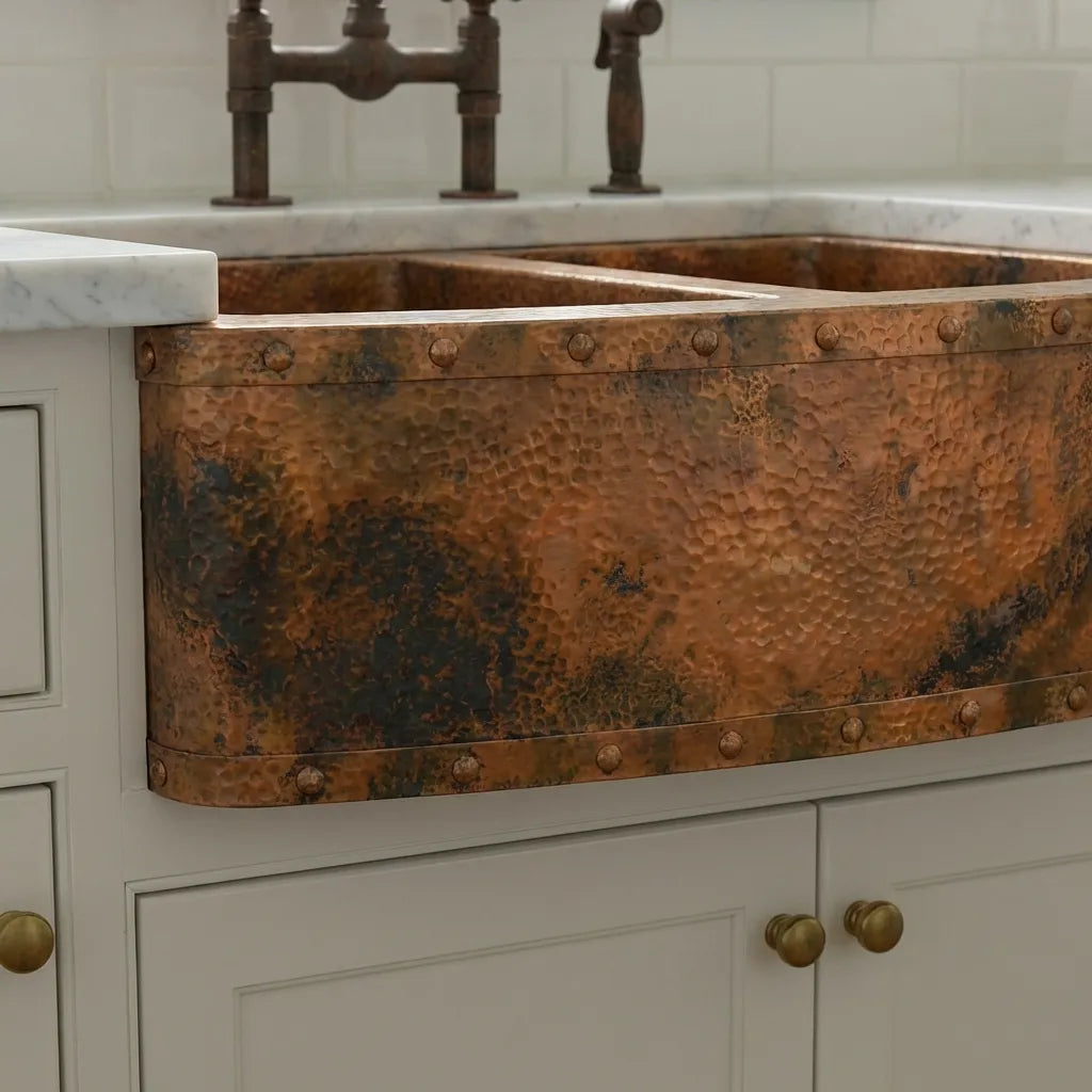 Rounded Copper Farmhouse Double Apron Kitchen Sink - Livra