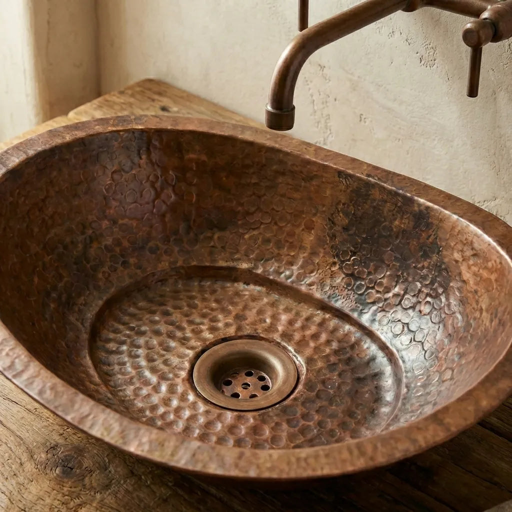 Aged Copper Vessel sink Bathroom, Hammered Oval Bathroom Sink
