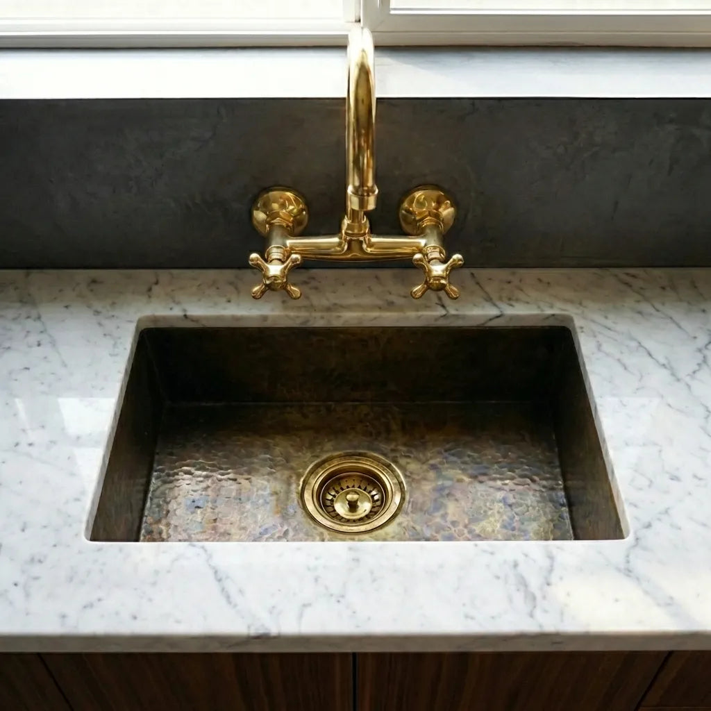 Antique Brass Undermount Single Kitchen Sink, Hammered Patina Brass Kitchen Sink