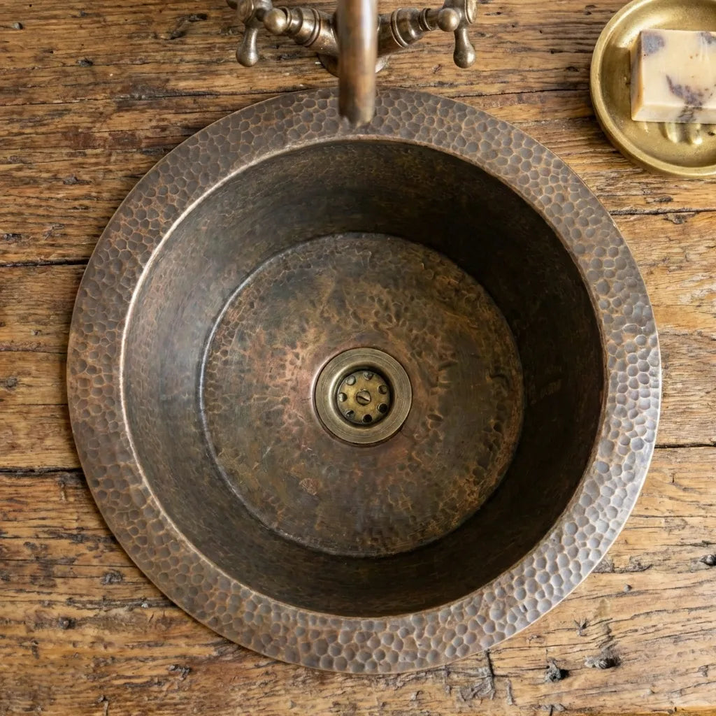 Hammered Copper Bar Sink , Round Bronze Patina Solid Copper Sink