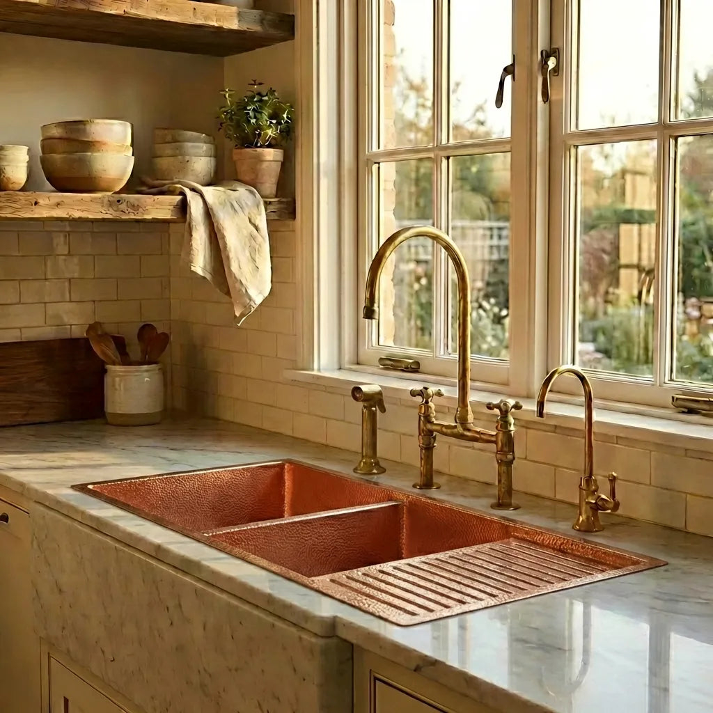 Drop-In Double Bowl Copper Kitchen Sink With Wringer-Vexa