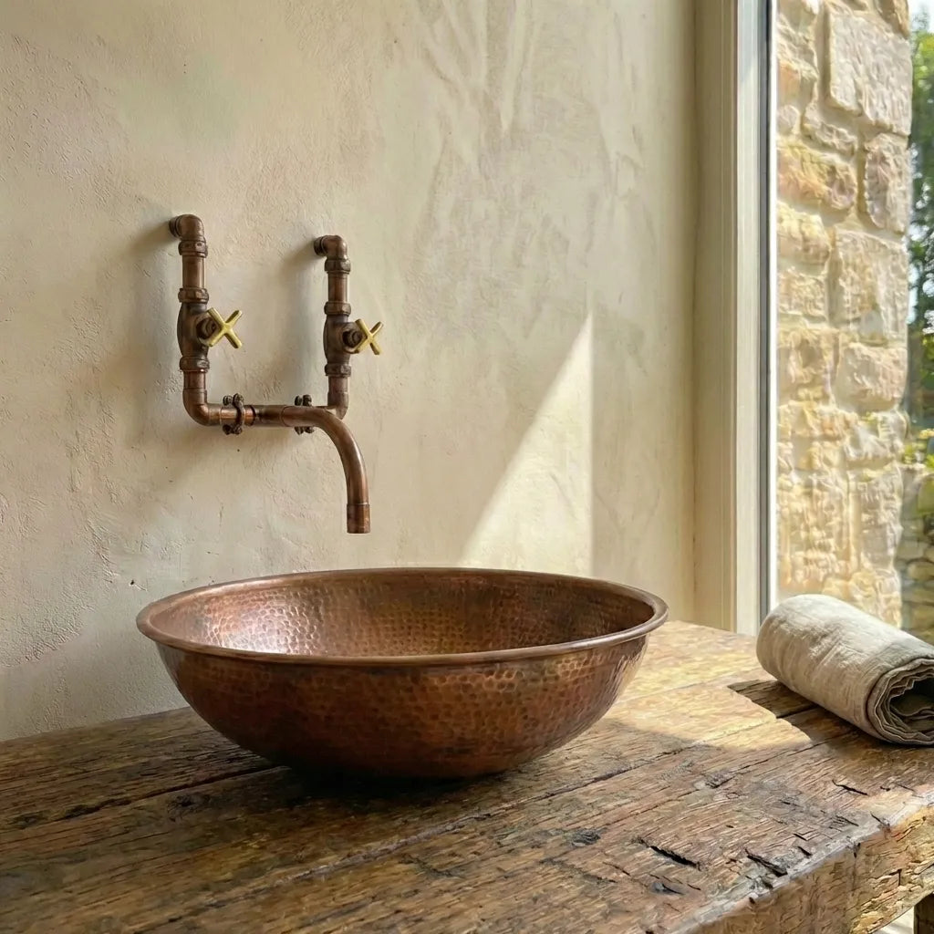 Round Copper Vessel Bathroom Sink, Vessel Hammered Copper Sink