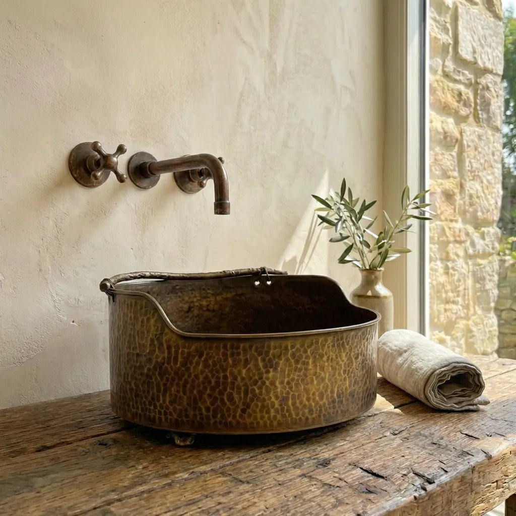 Rustic Brass Hammered Round Bathroom Sink, Aged Brass Vessel sink for bathroom