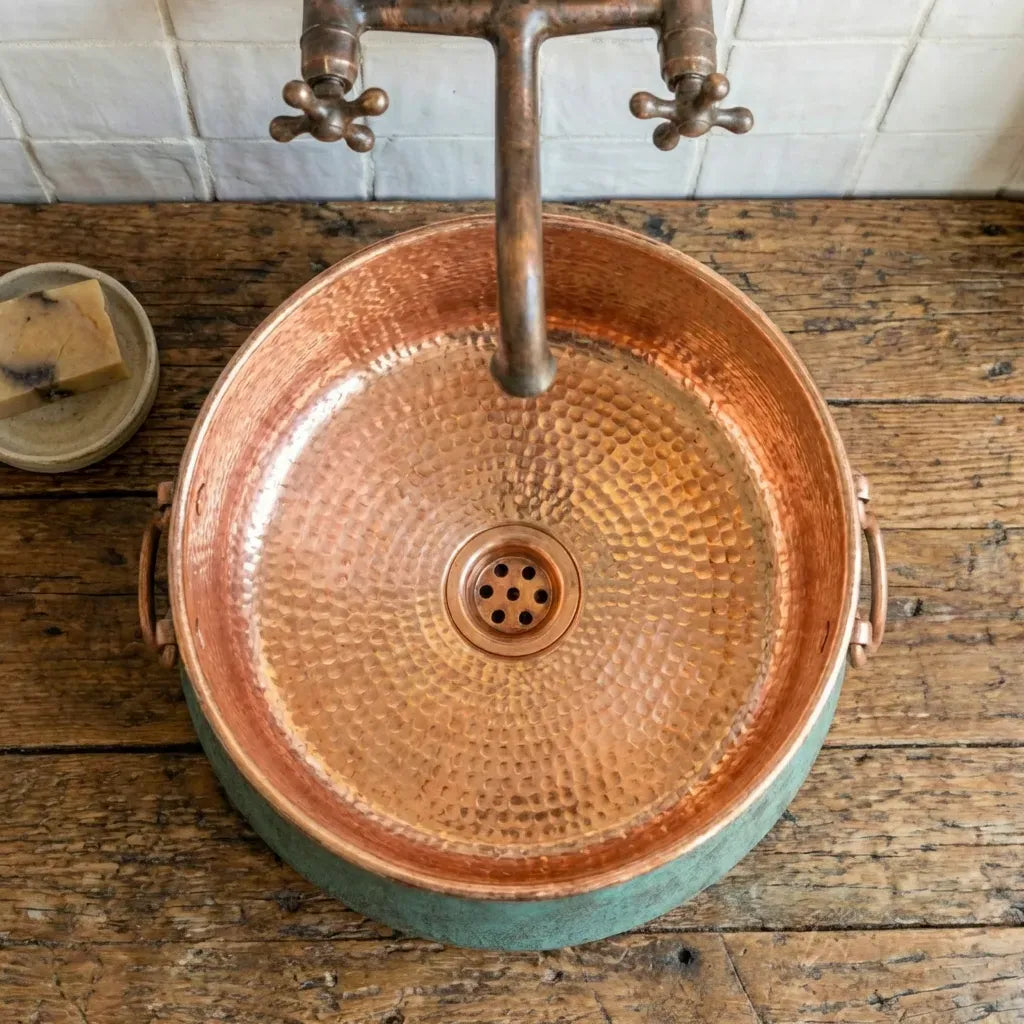 Oxidized Copper Bucket Vessel Sink – Handmade Bathroom Washbasin