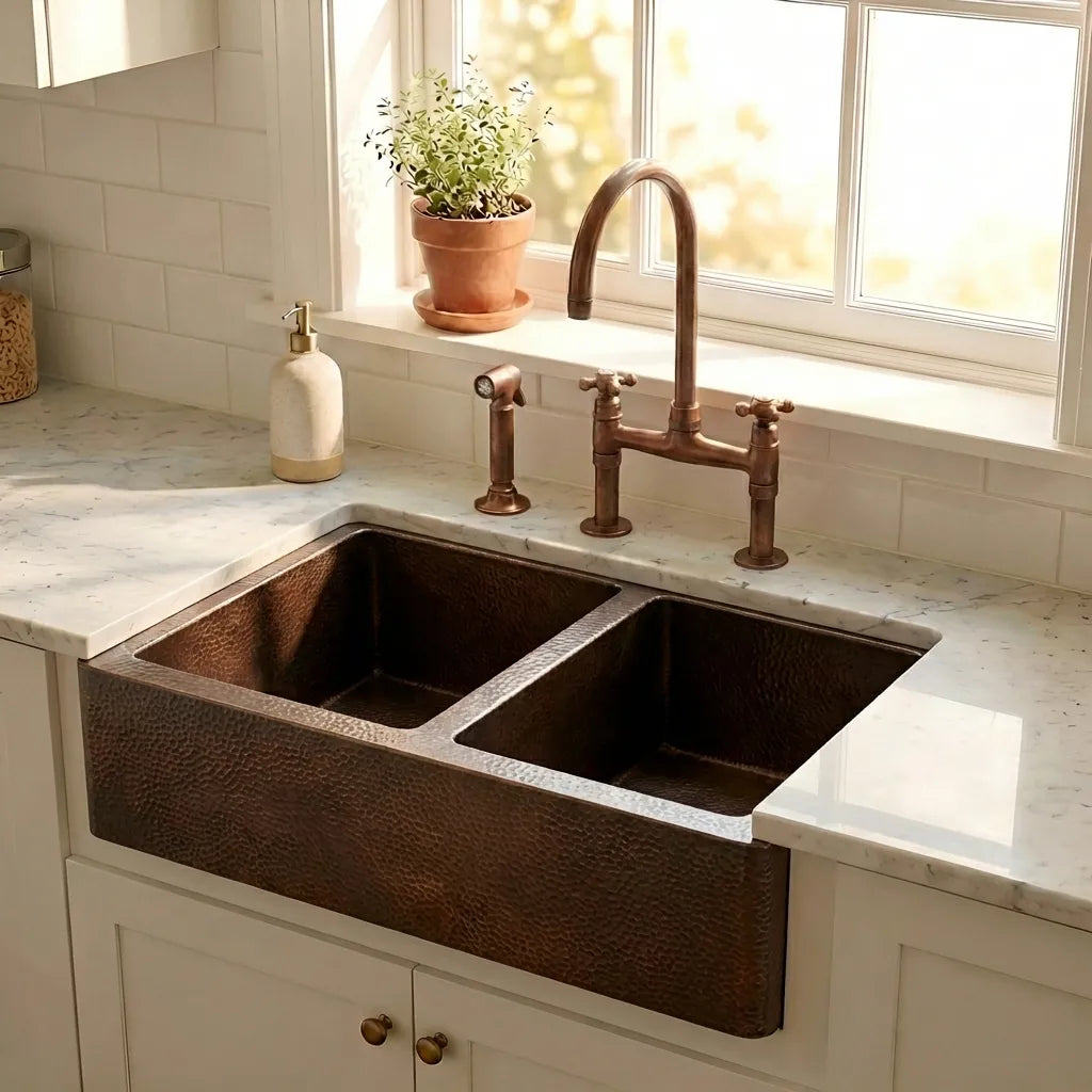 Hammered Copper Double Bowl Farmhouse Sink - Nocturn
