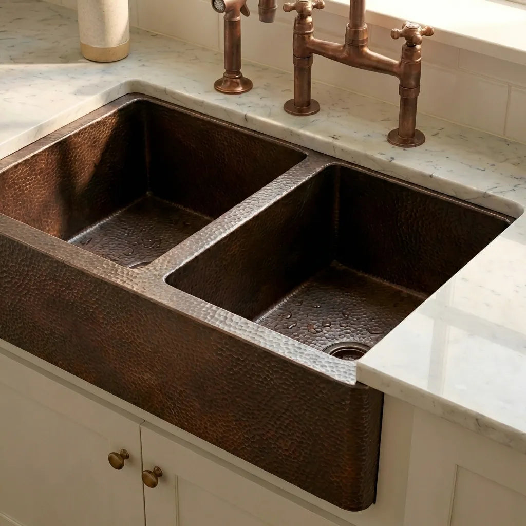 Hammered Copper Double Bowl Farmhouse Sink - Nocturn