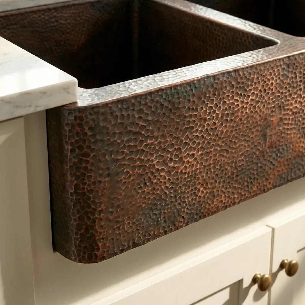 Hammered Copper Double Bowl Farmhouse Sink - Nocturn