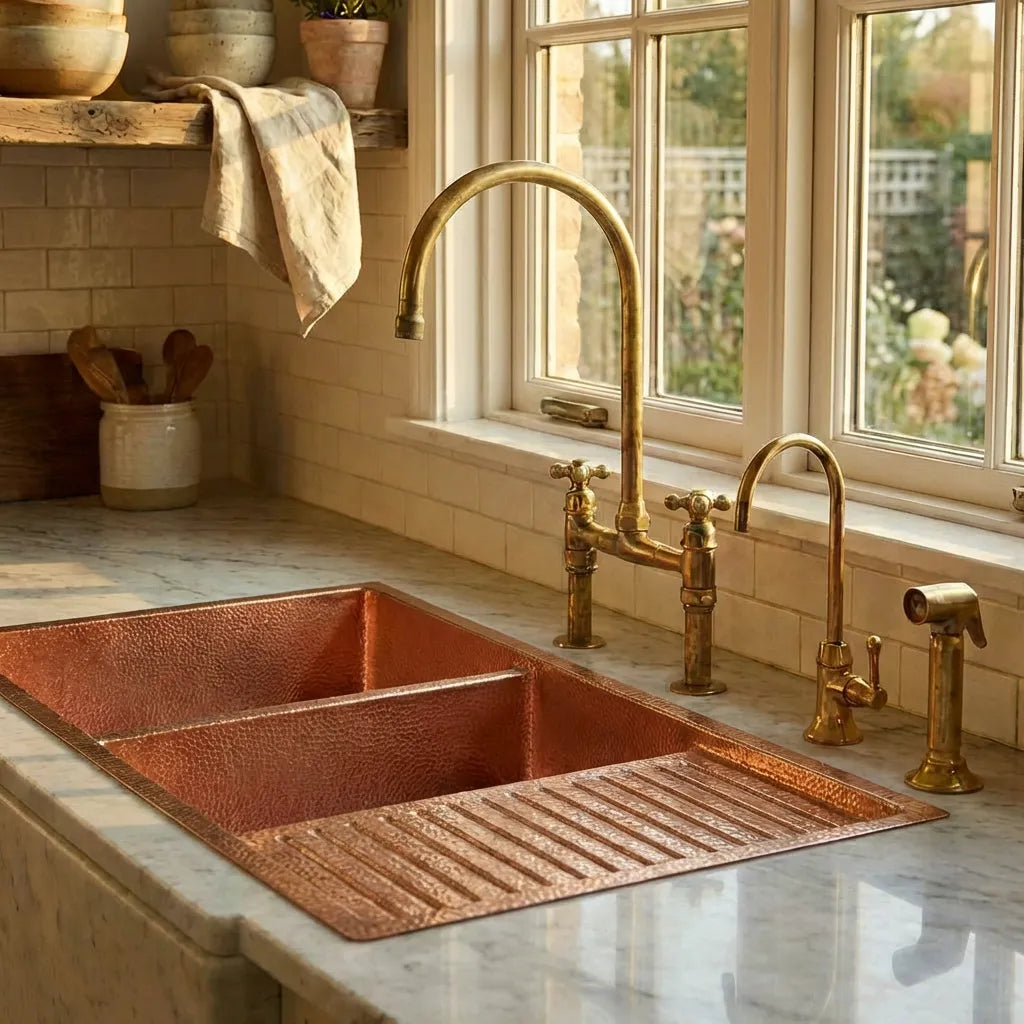 Drop-In Double Bowl Copper Kitchen Sink With Wringer-Vexa