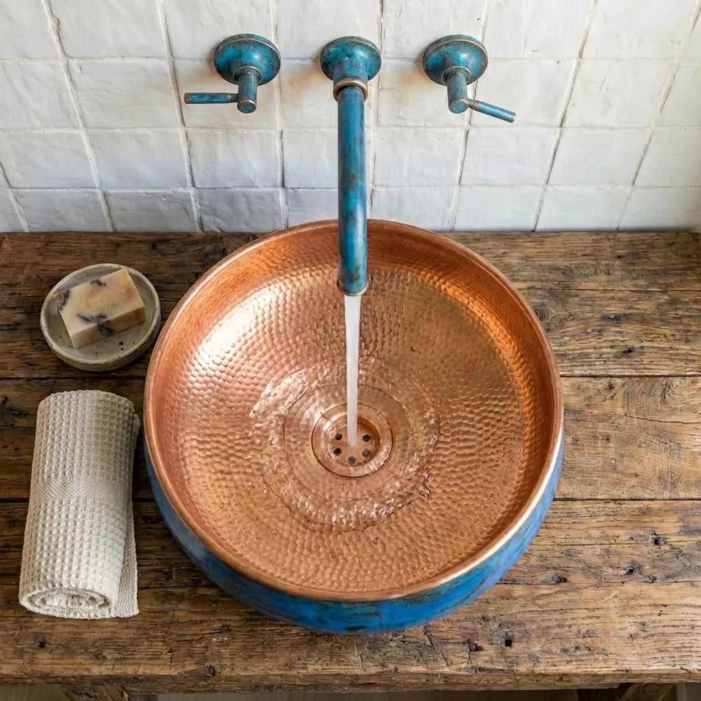 Handmade Blue Patina Copper Vessel Sink – Round Bathroom Basin