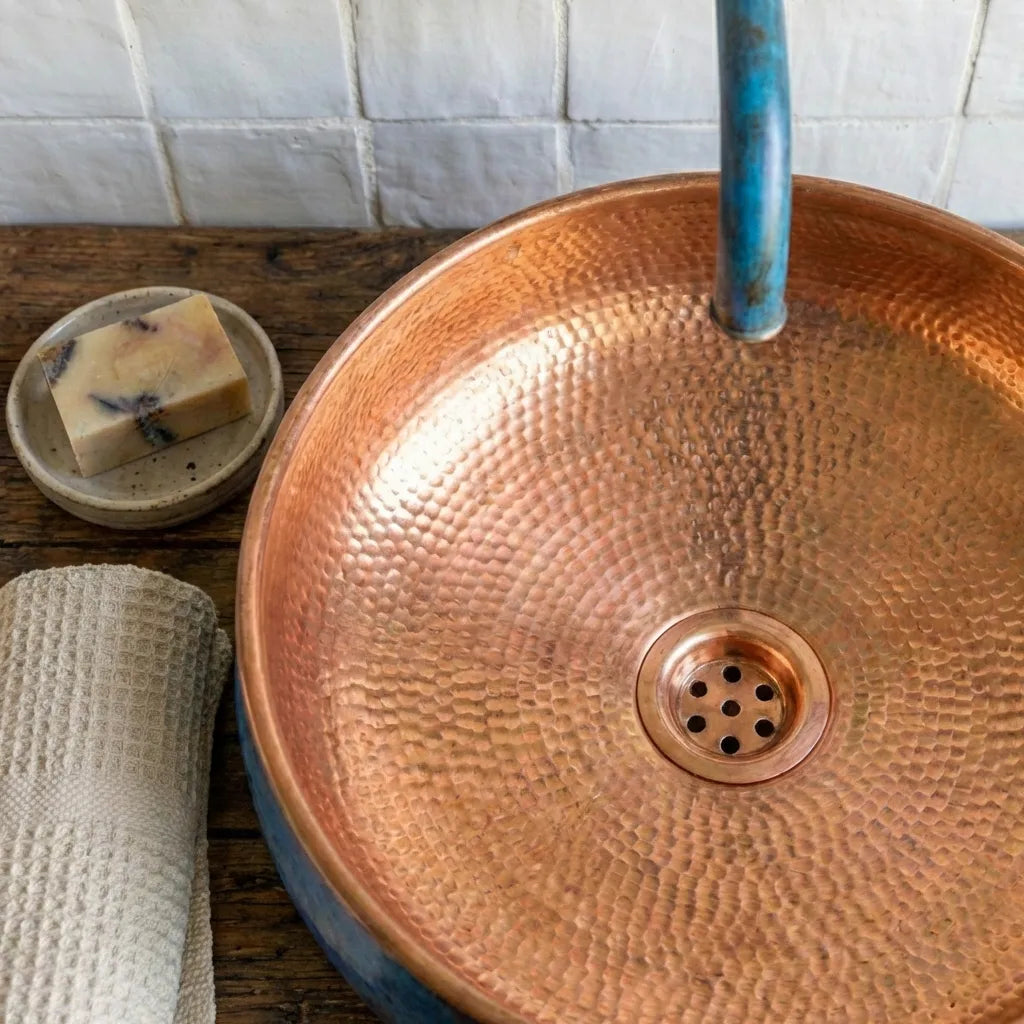 Handmade Blue Patina Copper Vessel Sink – Round Bathroom Basin