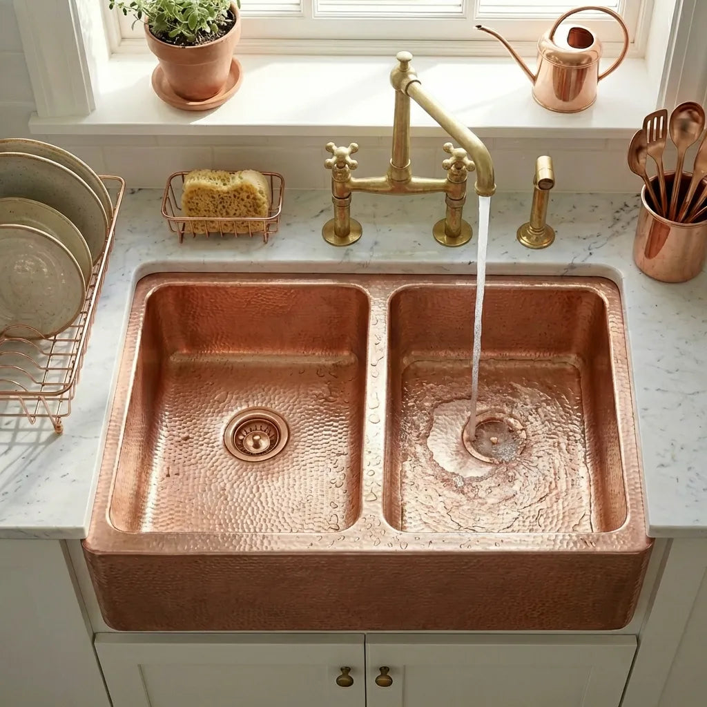Double Bowl Copper Kitchen Sink Front Apron-Jett