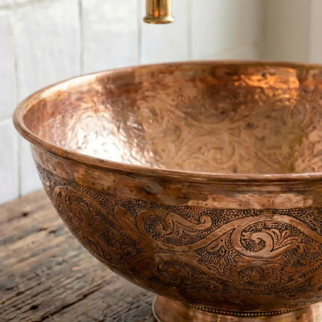 Engraved Copper Vessel Sink – Handmade Round Bathroom Vanity Basin