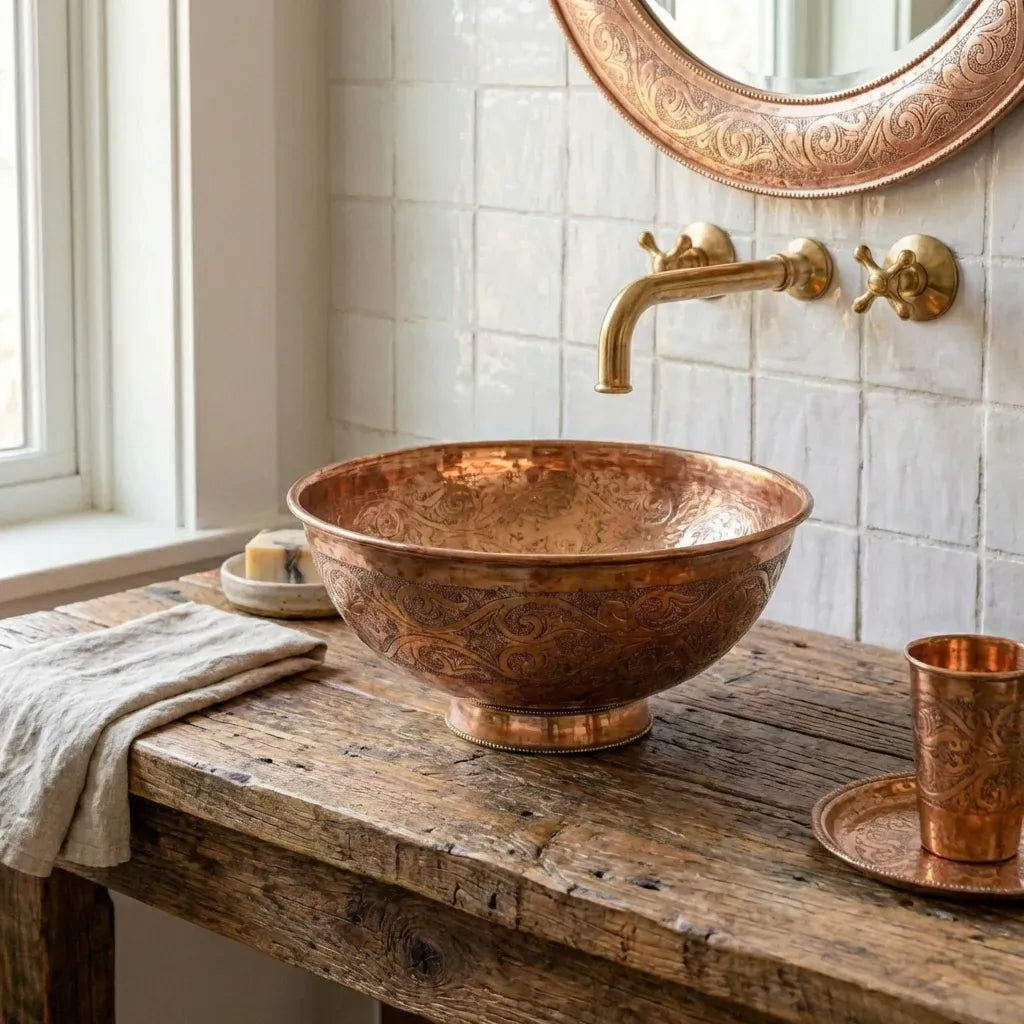 Engraved Copper Vessel Sink – Handmade Round Bathroom Vanity Basin