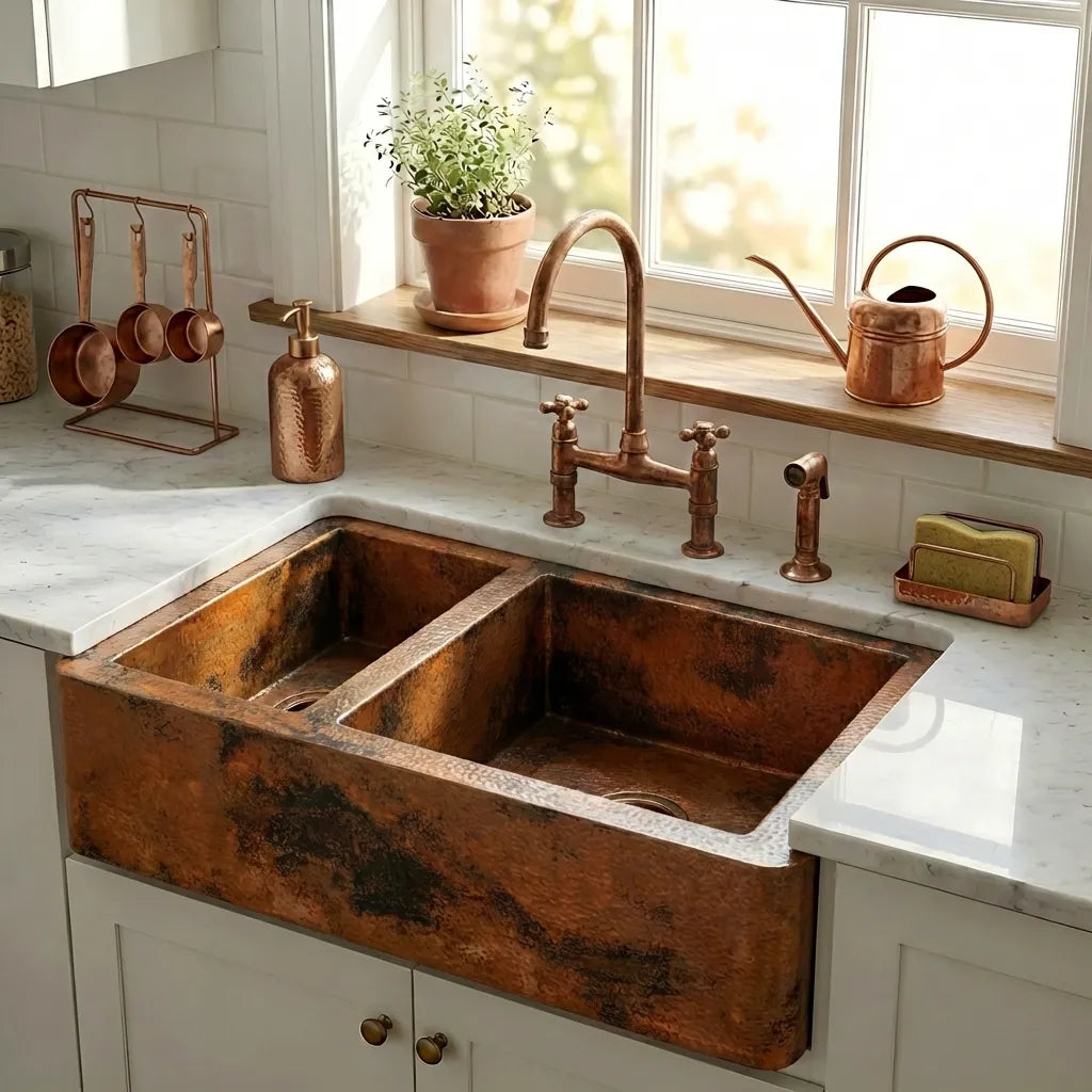 Double-Bowl Copper Farmhouse Kitchen Sink - Faye