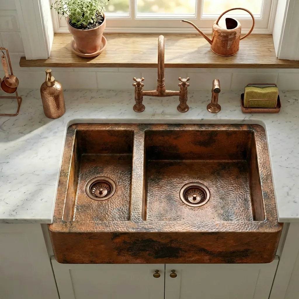 Double-Bowl Copper Farmhouse Kitchen Sink - Faye