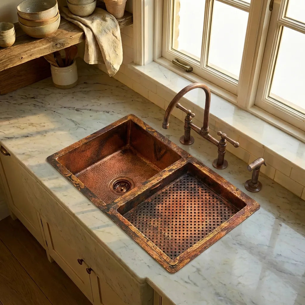 Hammered Double Bowl Copper Undermount Kitchen Sink - Zeta