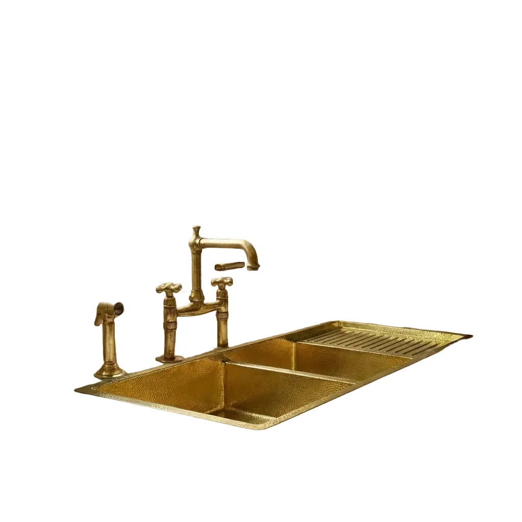 Drop-In Double Bowl Brass Kitchen Sink With Drainboard-Vexa