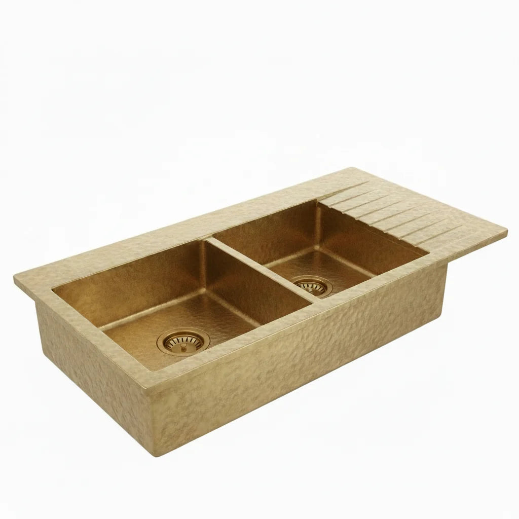 Drop-In Double Bowl Brass Kitchen Sink With Drainboard-Vexa