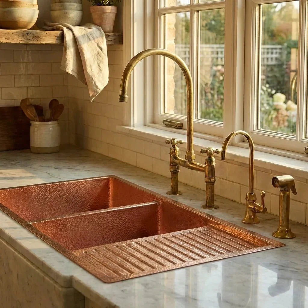 Drop-In Double Bowl Copper Kitchen Sink with Wringer