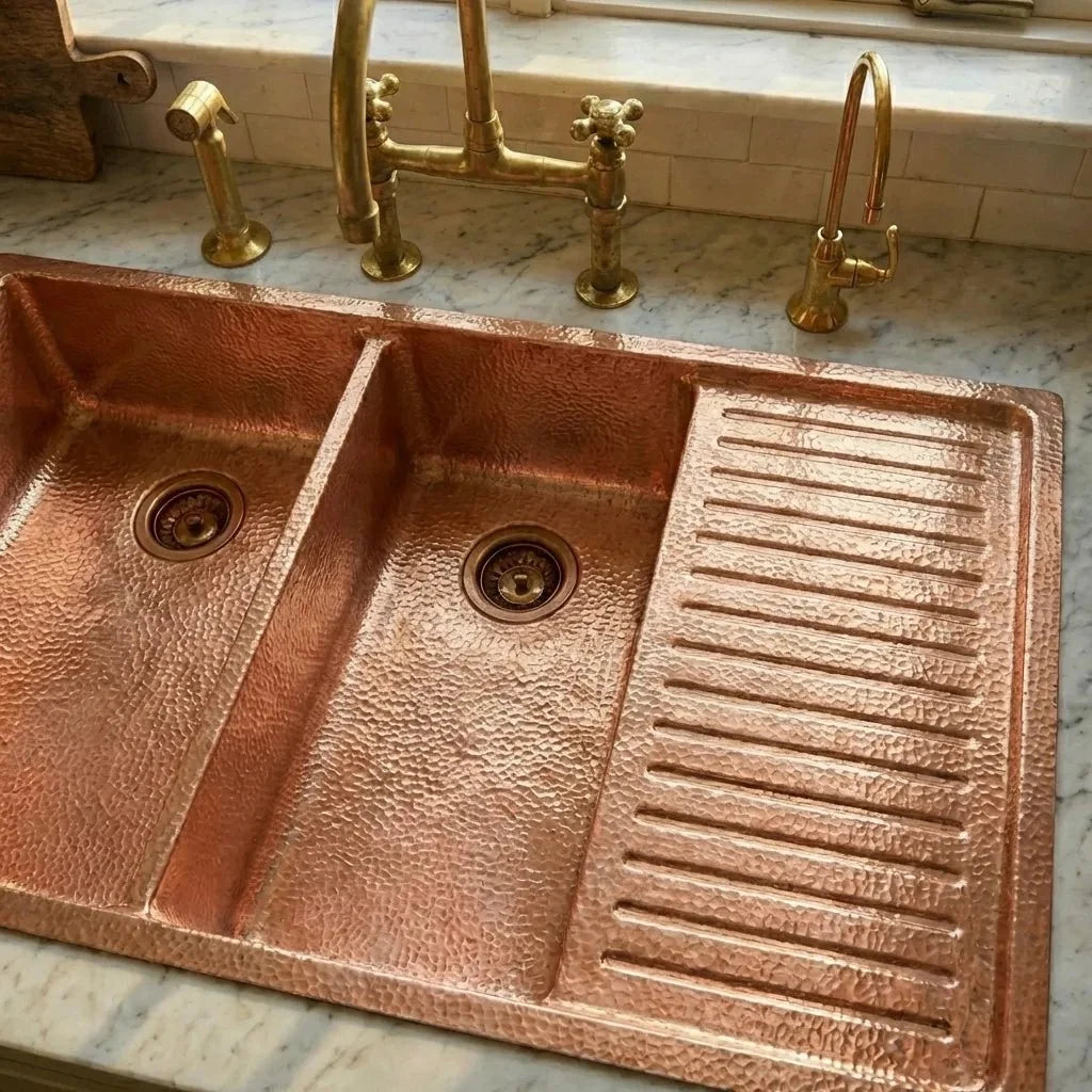 Drop-In Double Bowl Copper Kitchen Sink with Wringer