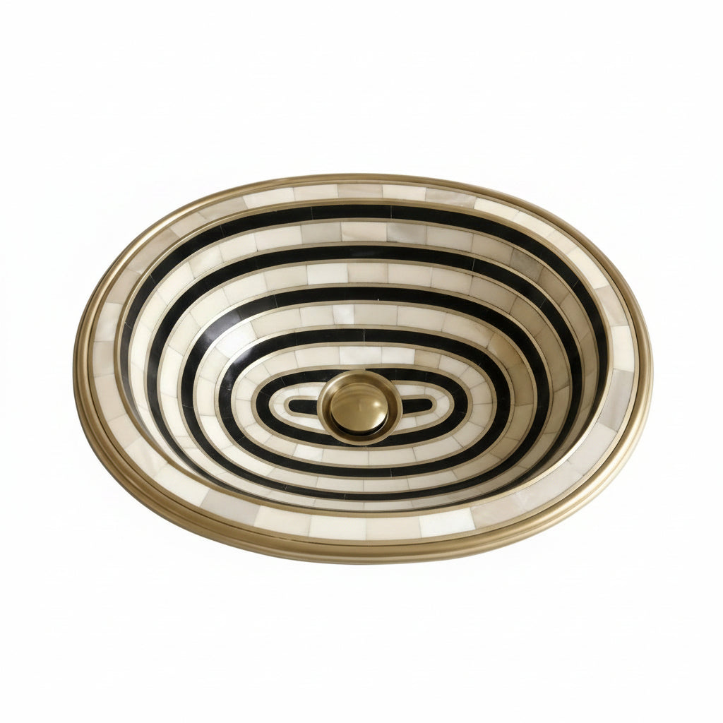Elegant Handmade Brass Sink – Black & White Striped Art Basin, Luxury Bathroom Statement Piece