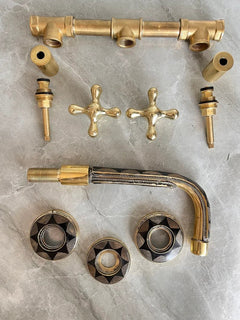 Elegant Wall-Mount Brass Faucet with Black Inlay – Handmade Unlacquered Brass Bathroom Fixture - Brasska