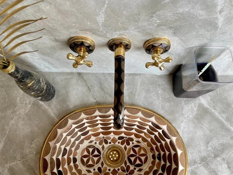 Elegant Wall-Mount Brass Faucet with Black Inlay – Handmade Unlacquered Brass Bathroom Fixture