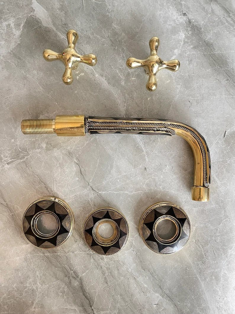 Elegant Wall-Mount Brass Faucet with Black Inlay – Handmade Unlacquered Brass Bathroom Fixture - Brasska