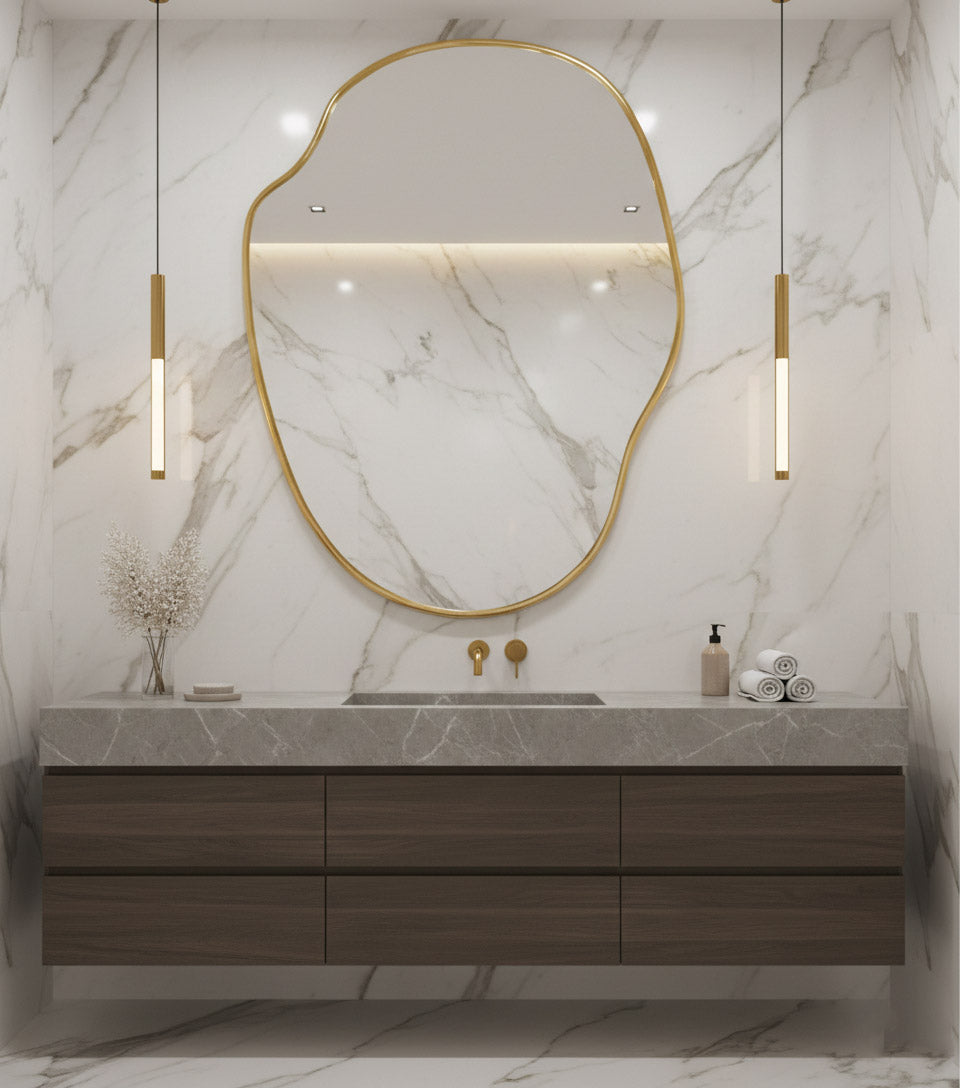 Varaudu Gold Framed Asymmetrical Mirror - Antique Brass Bathroom Mirror, Vanity Wall Decor