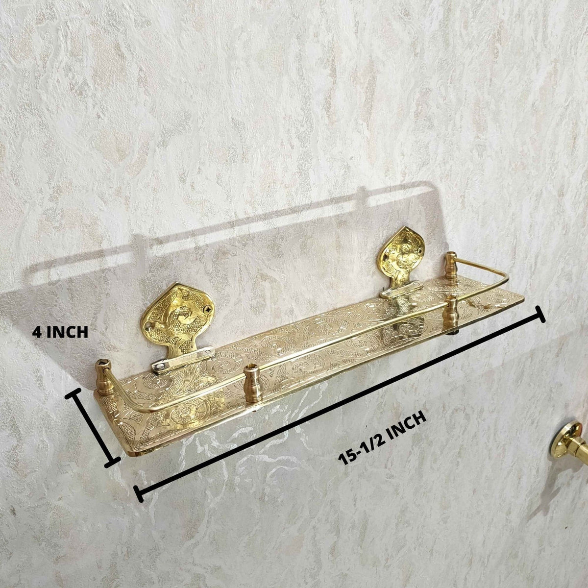 Engraved Solid Brass Wall Bathroom Shelf, Small Bathroom Shelf