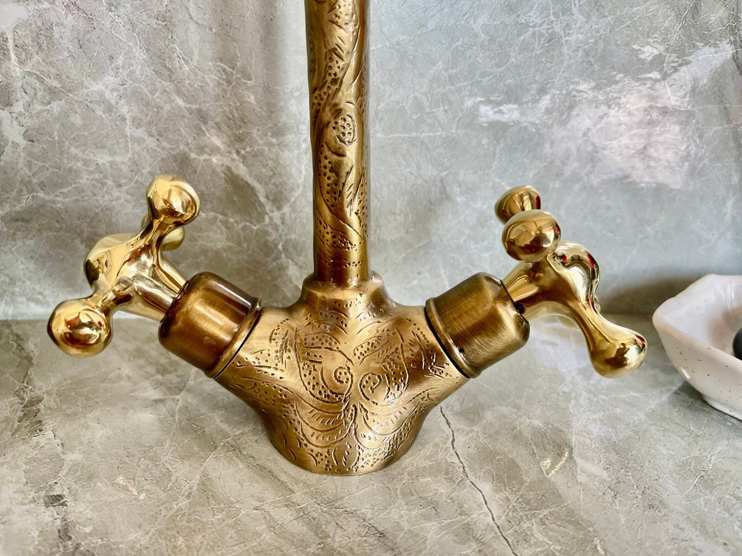 Engraved Unlacquered Brass Gooseneck Faucet - Single Hole Tap
