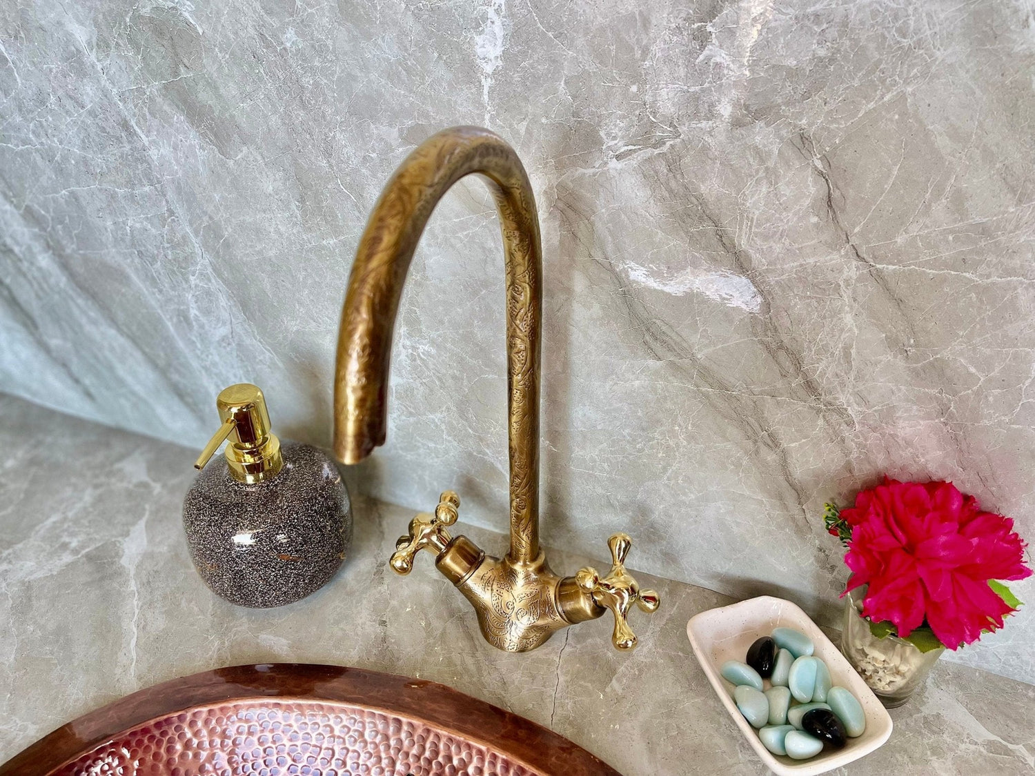 Engraved Unlacquered Brass Gooseneck Faucet - Single Hole Tap