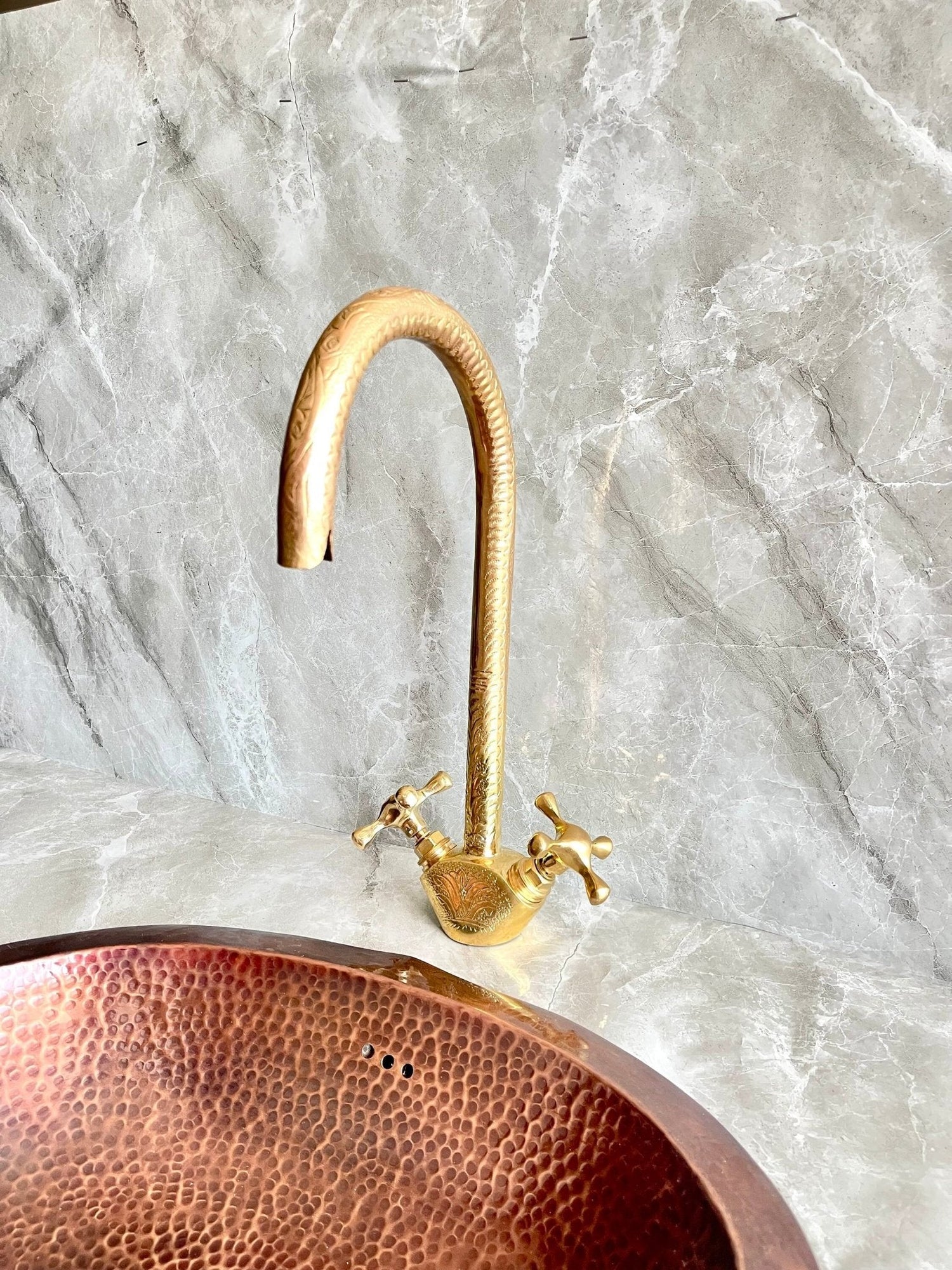 Engraved Unlacquered Brass Kitchen Faucet - Single Hole Gold Tap
