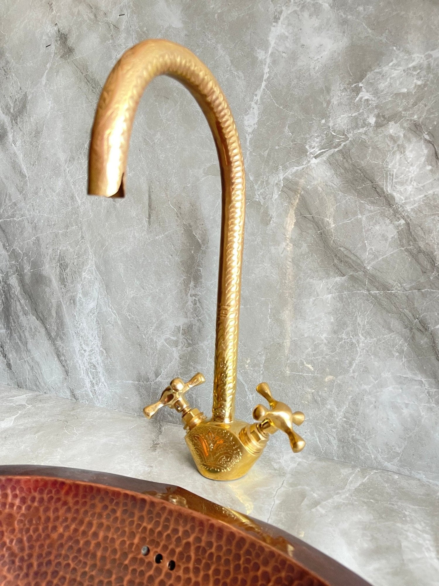 Engraved Unlacquered Brass Kitchen Faucet - Single Hole Gold Tap