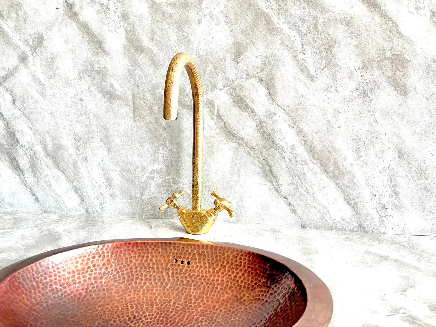 Engraved Unlacquered Brass Kitchen Faucet - Single Hole Gold Tap