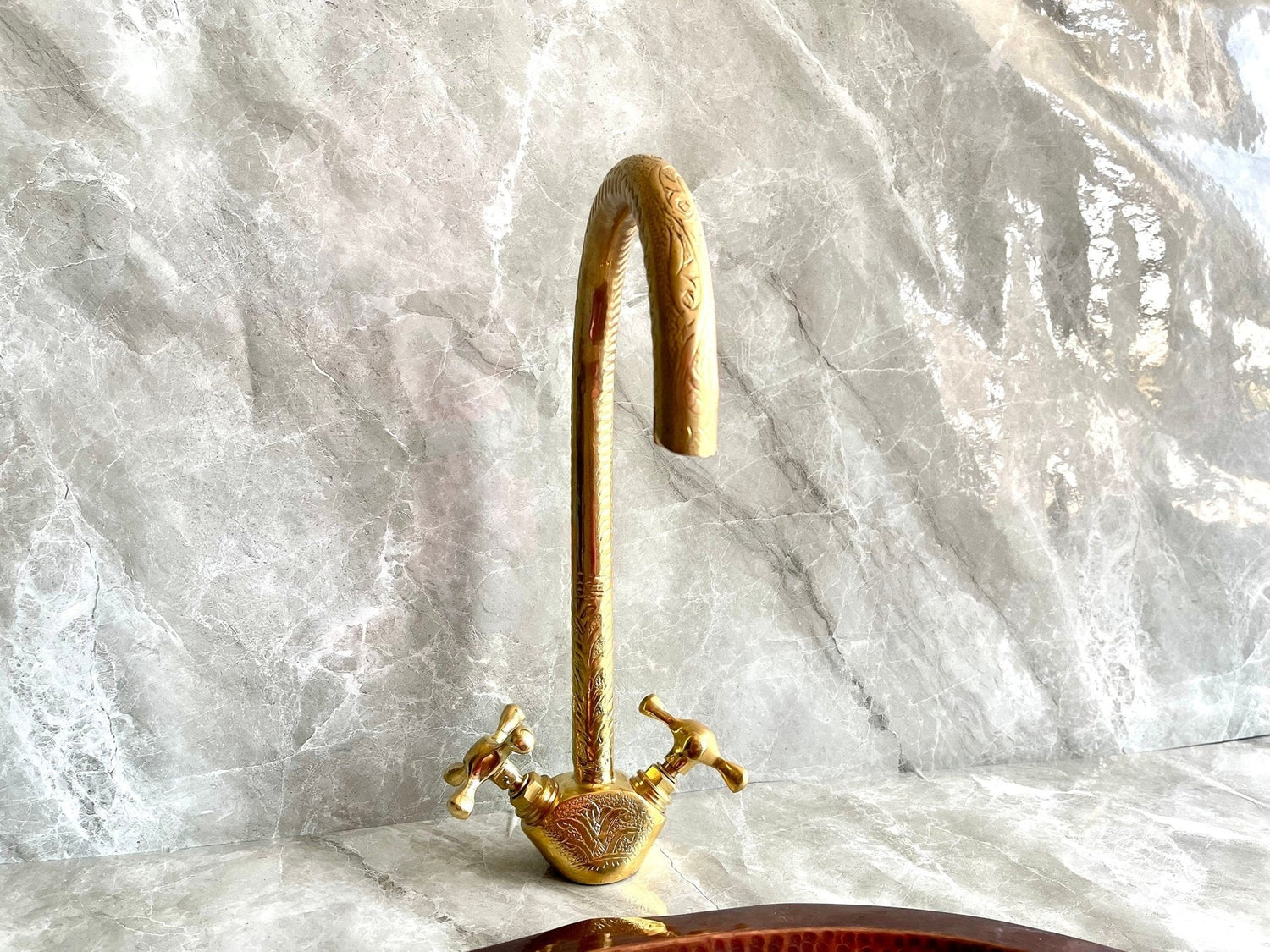 Engraved Unlacquered Brass Kitchen Faucet - Single Hole Gold Tap