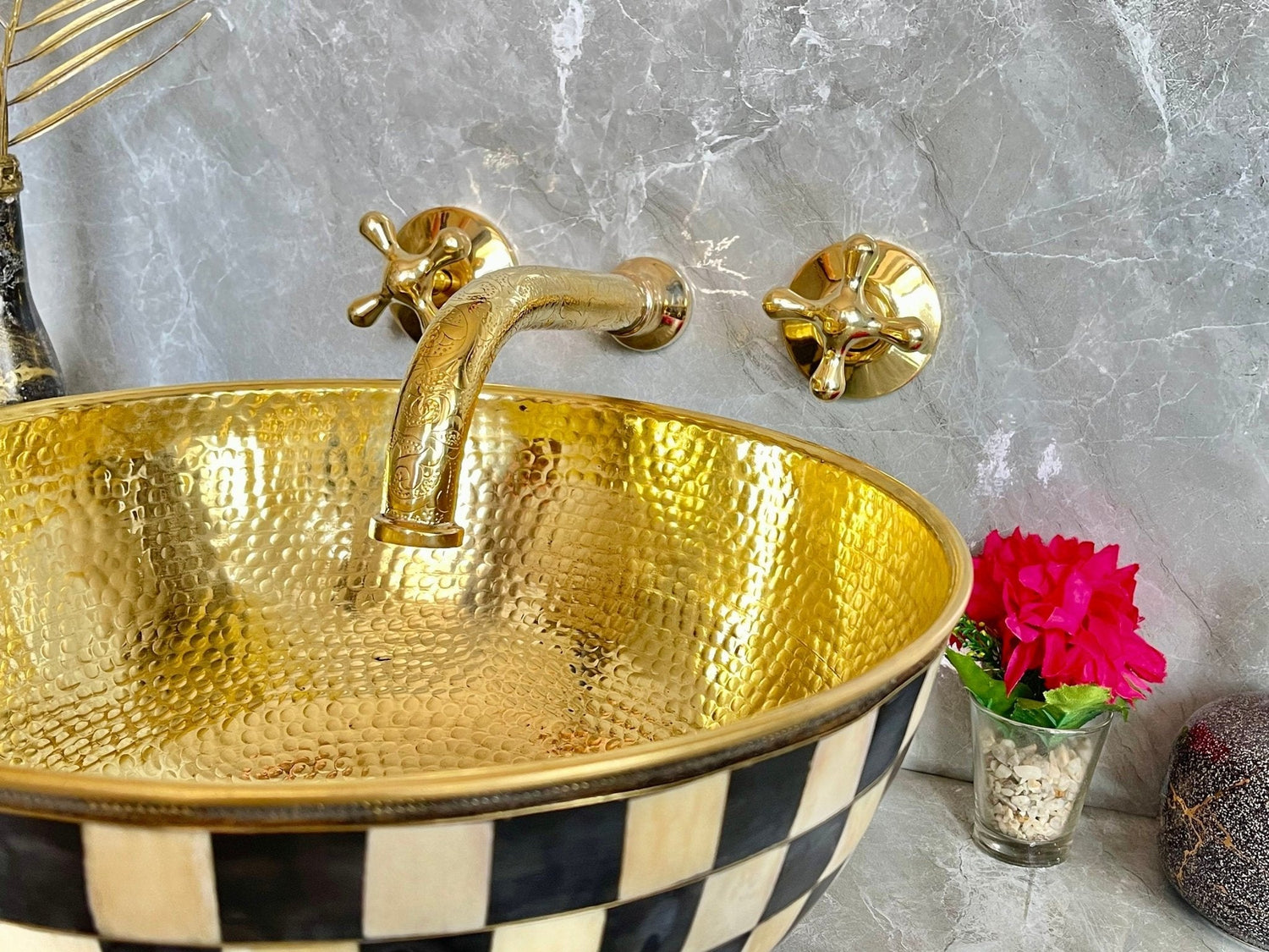 Engraved Unlacquered Brass Wall Mount Faucet - Cross Handle Set