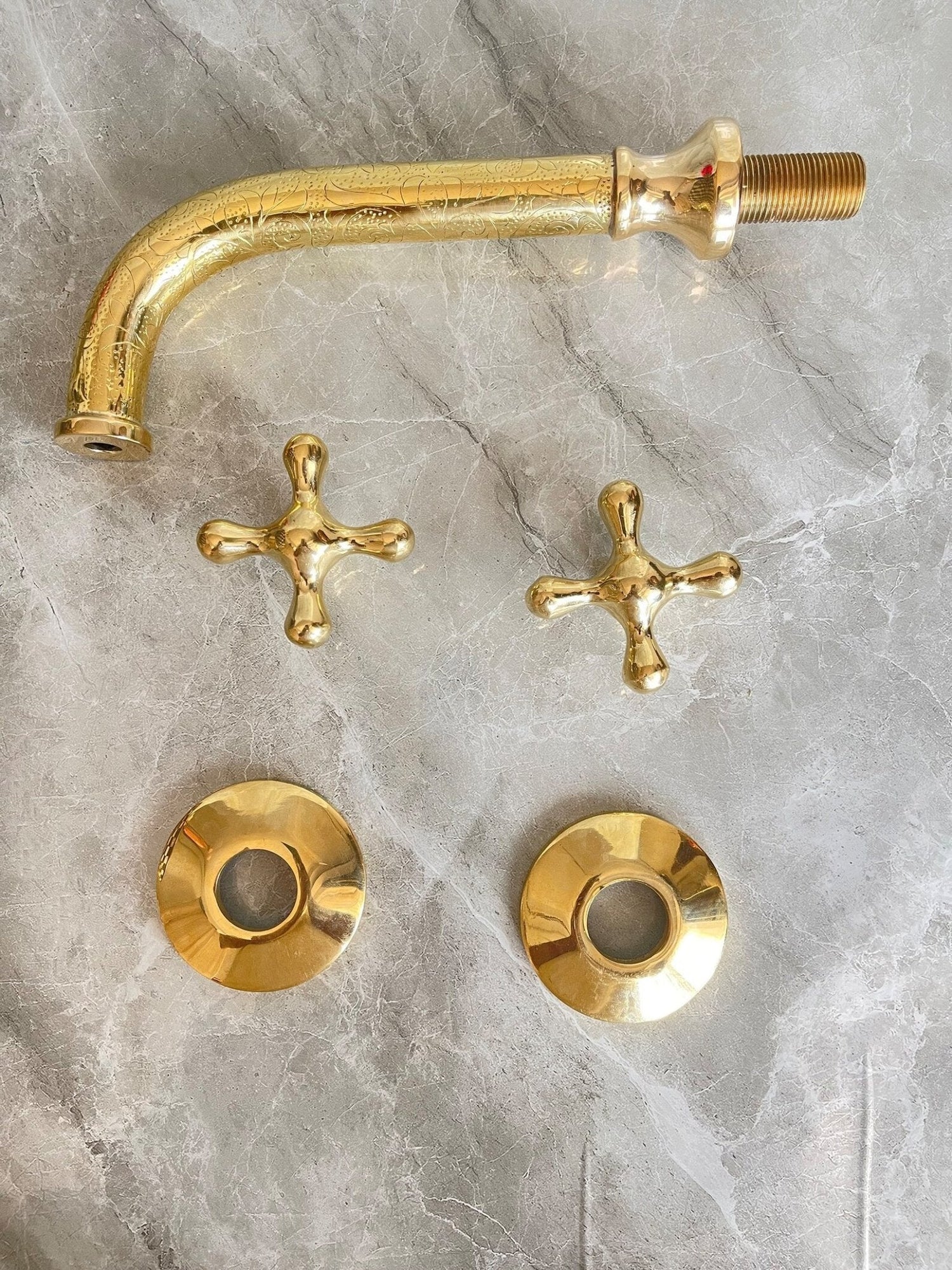 Engraved Unlacquered Brass Wall Mount Faucet - Cross Handle Set