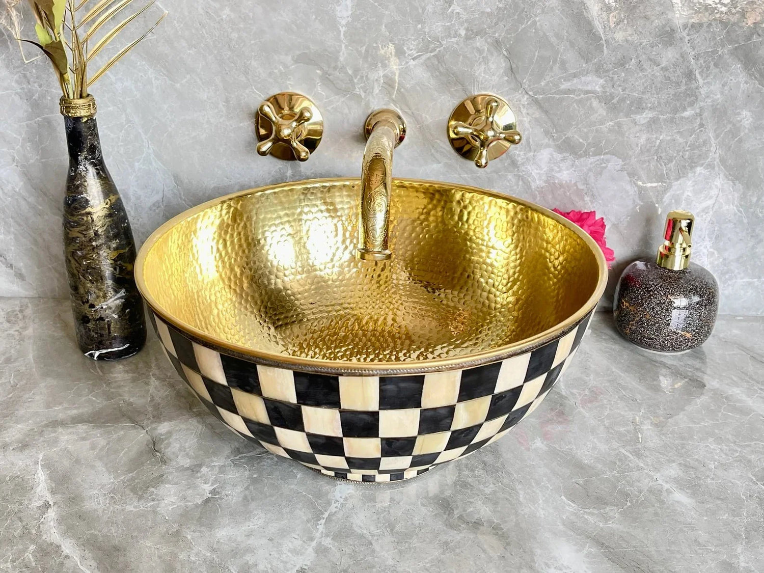 Engraved Unlacquered Brass Wall Mount Faucet - Cross Handle Set